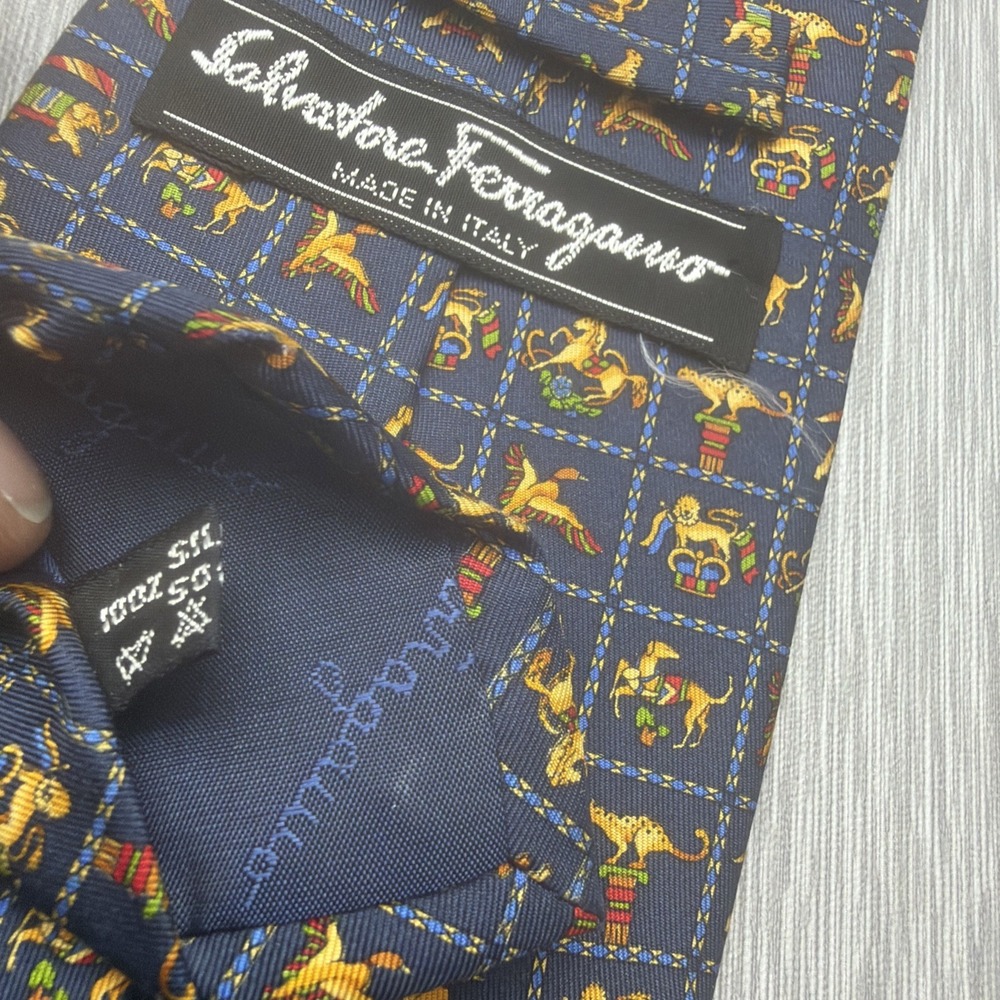 Salvatore Ferragamo Tie Mens 100% Silk Navy Circus Animal Novelty Print Italy